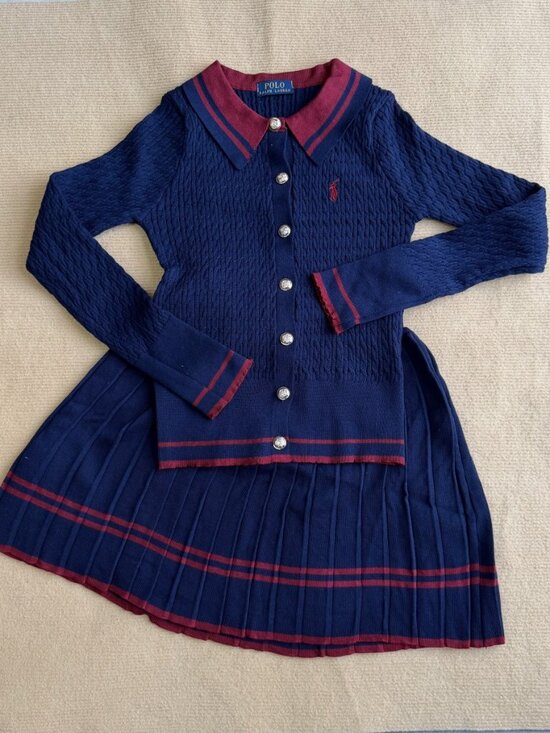 Polo Ralph Lauren Dresses & Skirts - Polo Ralph Lauren Women Cable Knit 2 Piece Set Navy Striped Polo Cardigan